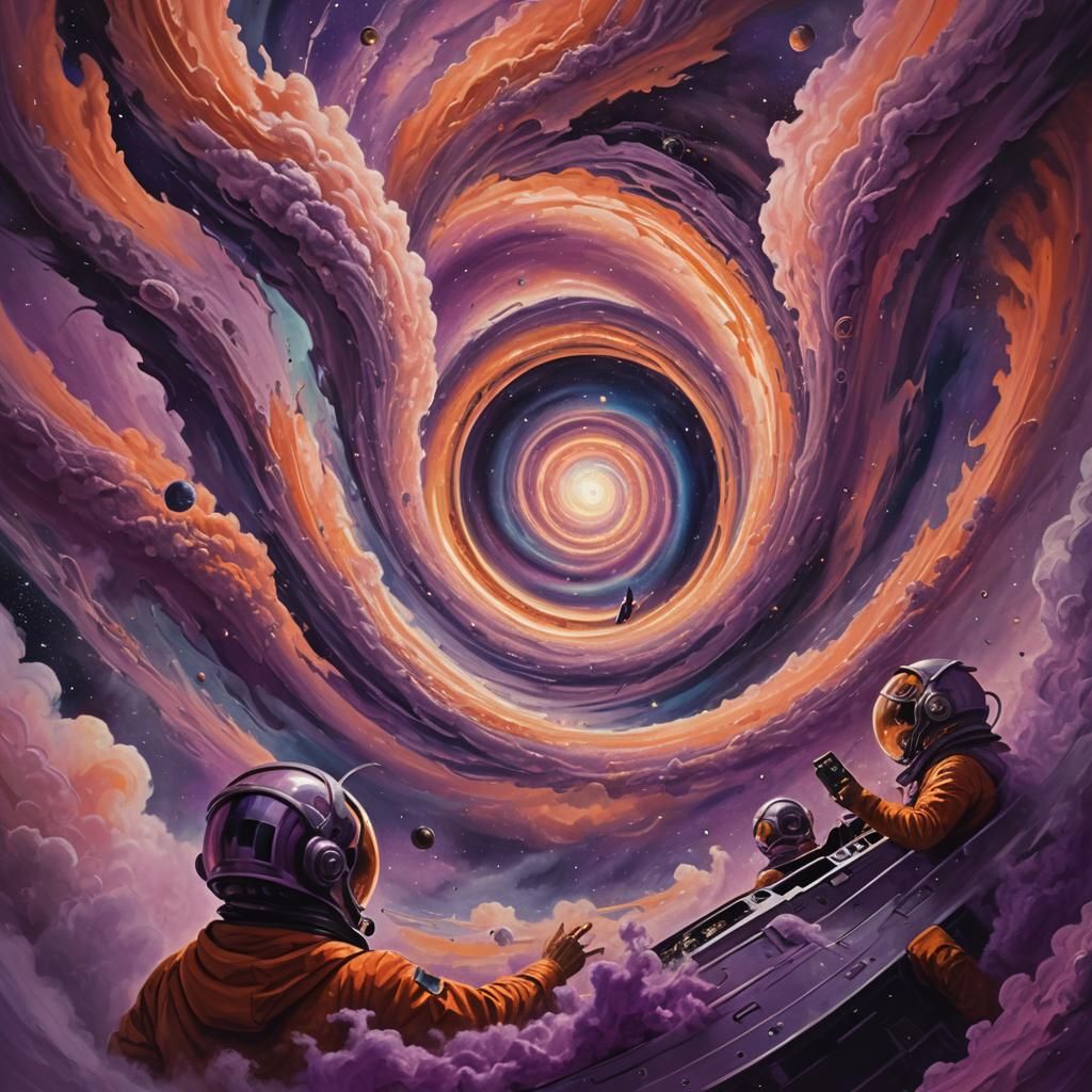 Surreal Humans Fly Spaceship Through Colorful Wormhole