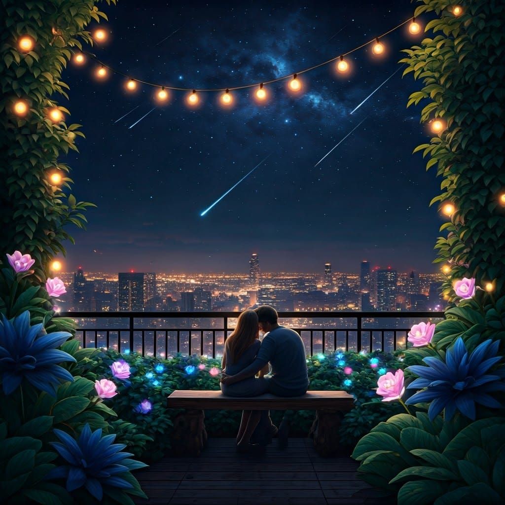 Romantic Rooftop Oasis Under Starry Night Sky