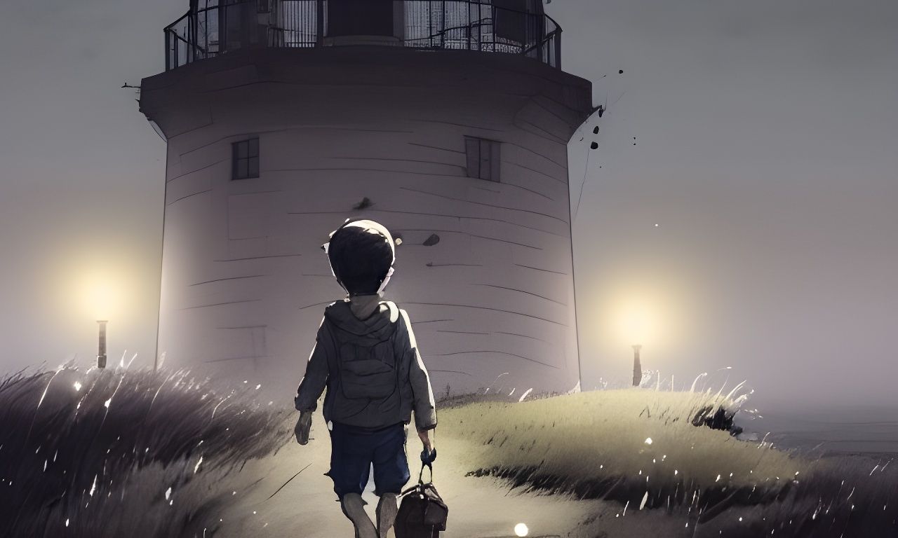 Boy Walks to Lighthouse at Night: Digital Illustration