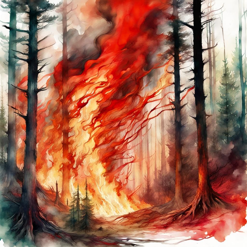 Forest Wildfire in Digital Watercolor Illustration