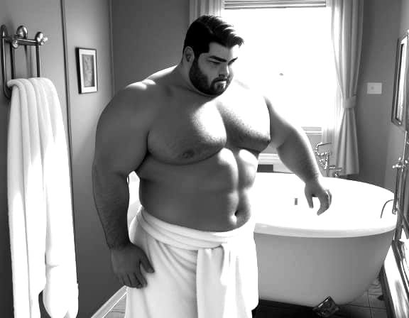 Botero Style Painting of Man in Towel Before Bath