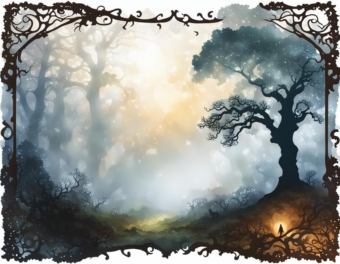 Ethereal Oak Tree Silhouette Forest Border Design
