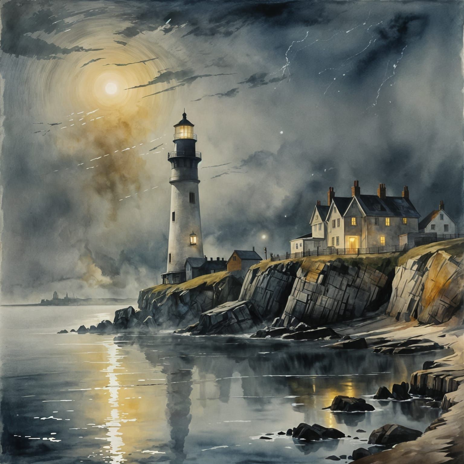 Cliffside Lighthouse in Dreamy Watercolour Style