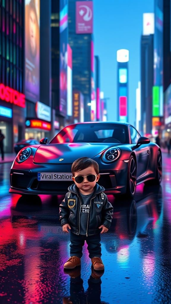 Sleek Matte Black Porsche 911 Stands Out in Neon City Nights...