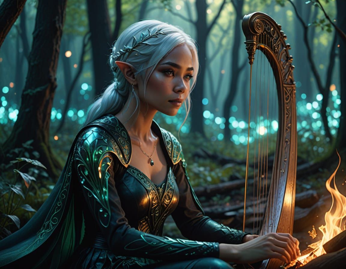 Enchanted Drow Pixie Plays Celestial Harp by Campfire