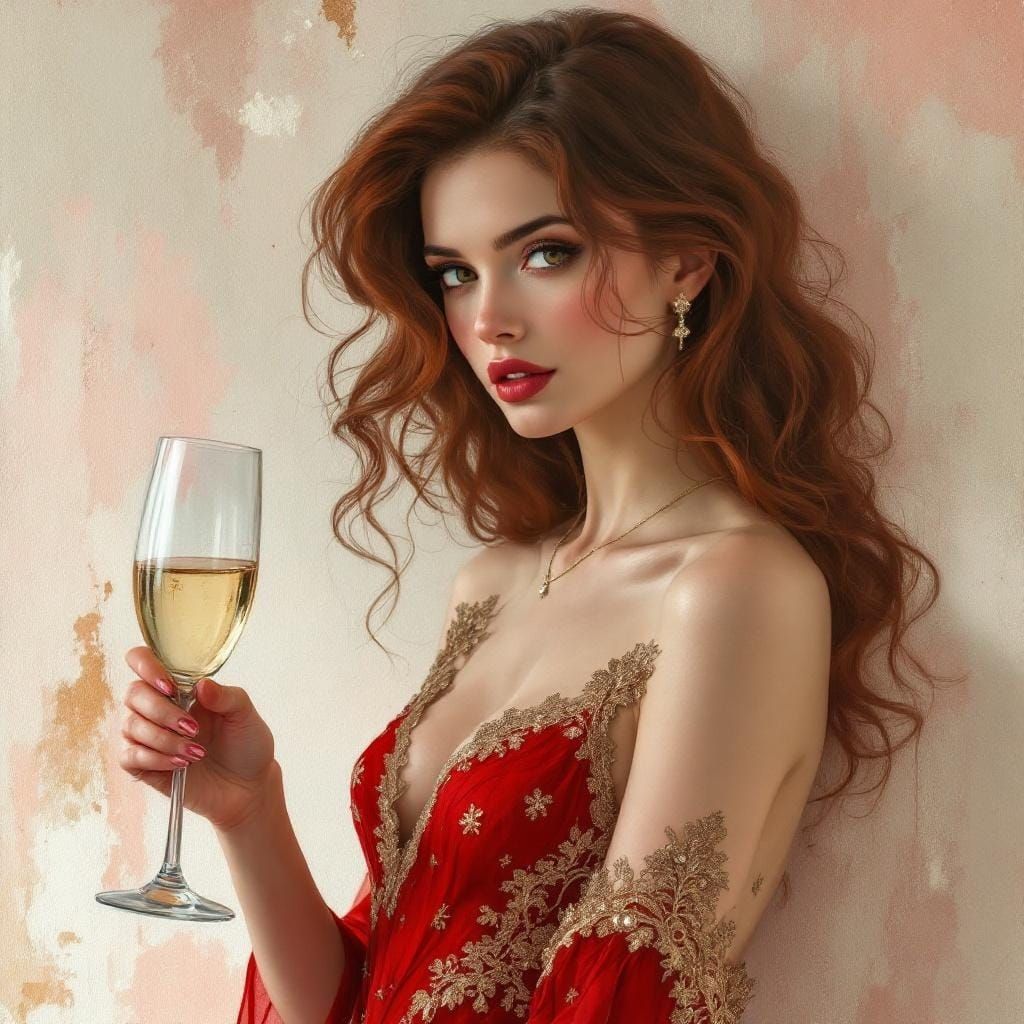 Beautiful Woman in Art Nouveau Style Holds Champagne