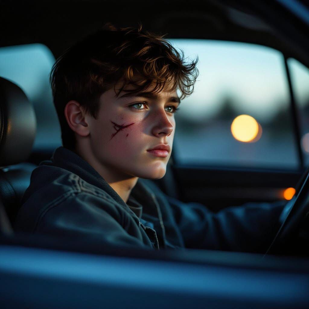 Teenage Boy with Face Scar in Car, Moody Cinematic Lighting