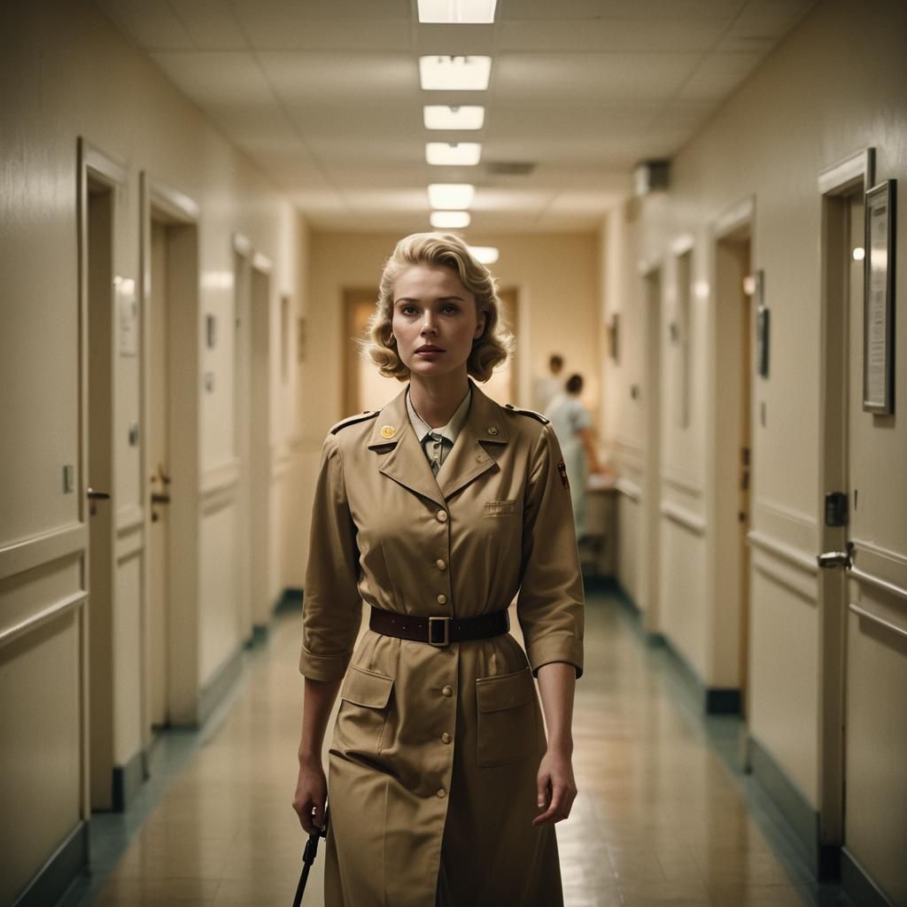 WWII Nurse in Dimly Lit Hospital Corridor