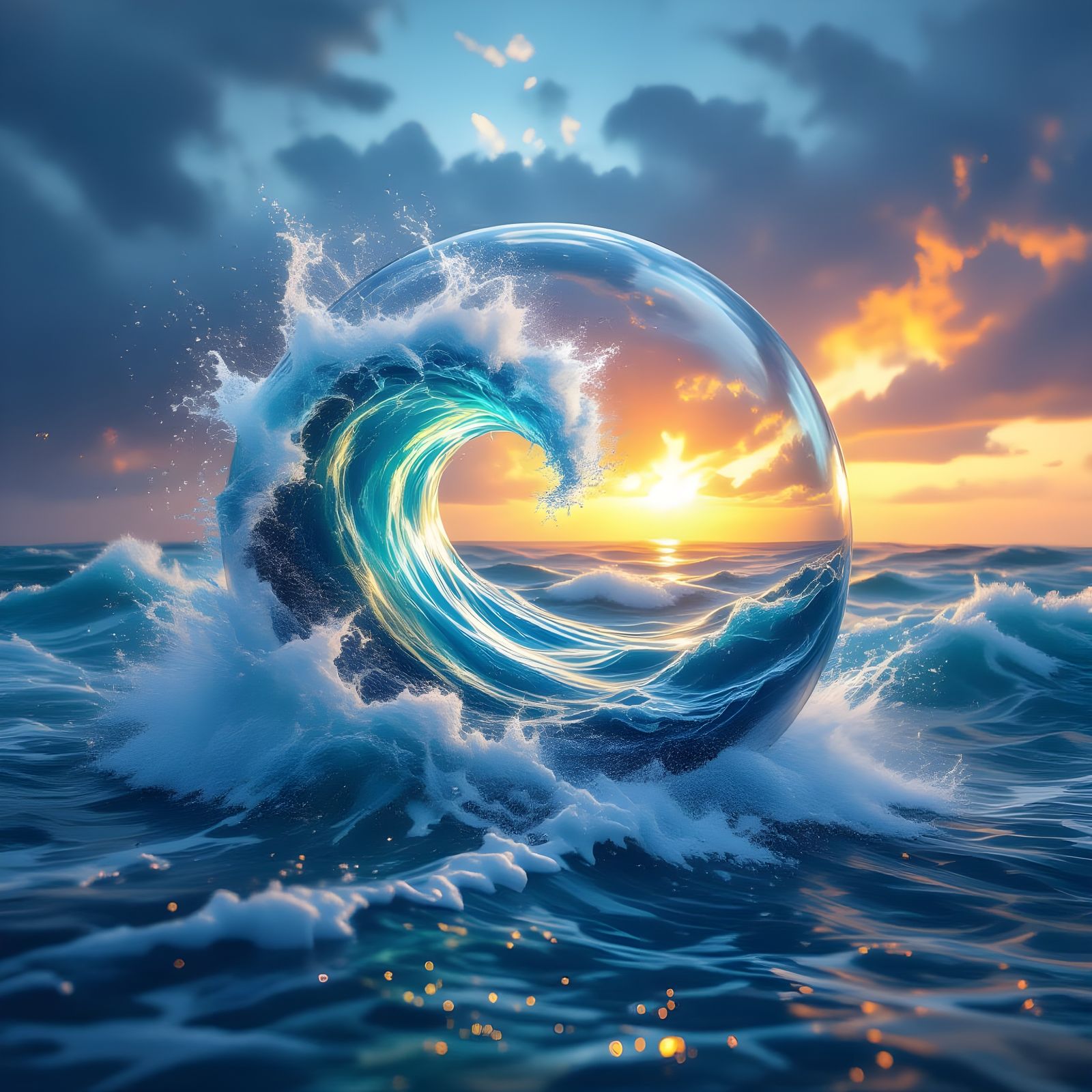 Stormy Sea Inside Glass Sphere: Hyperrealistic Splash Art