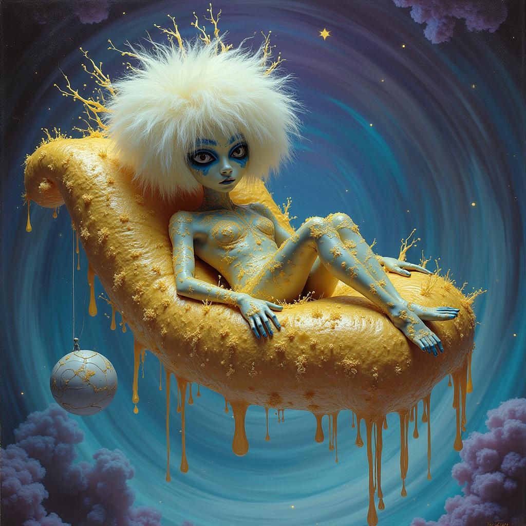 Reclining Alien in Retro-Futuristic Cosmic Dreamscape