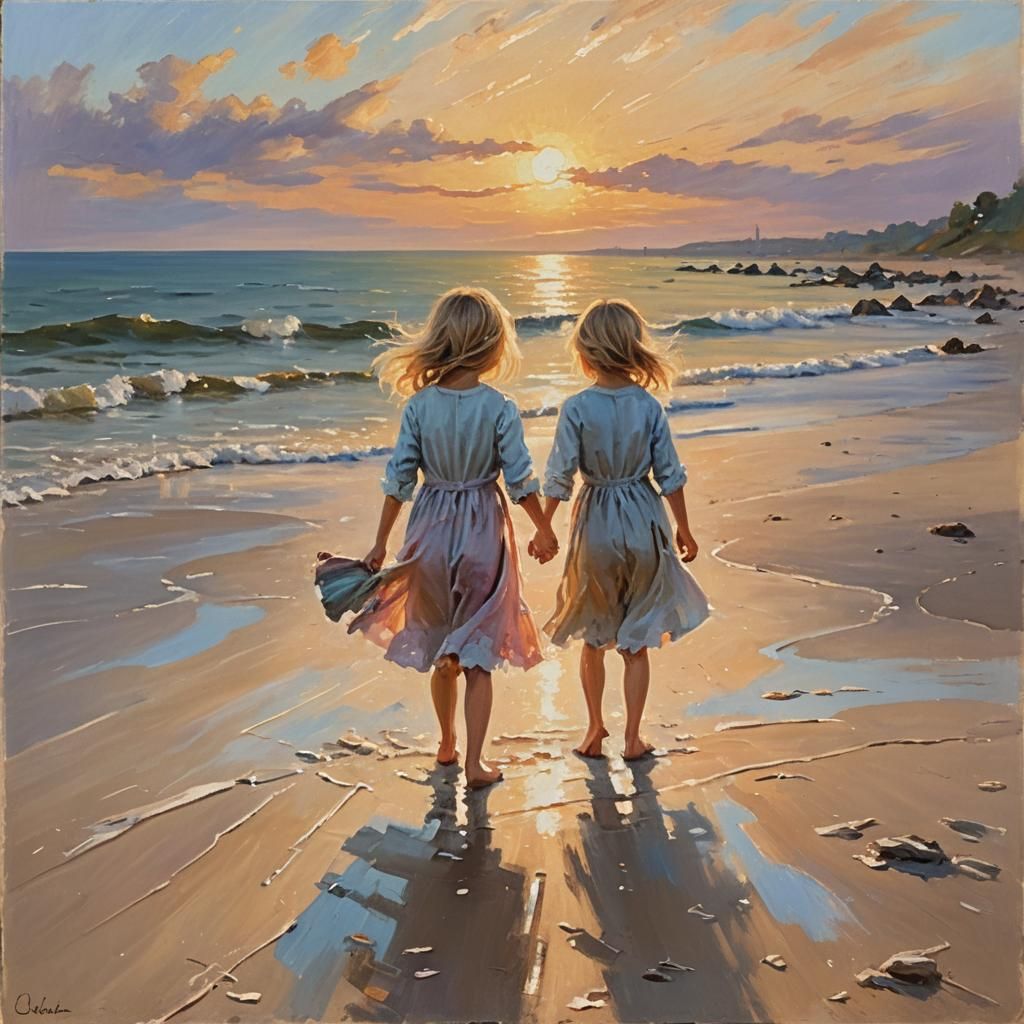 Impressionist Girl on Beach at Sunset