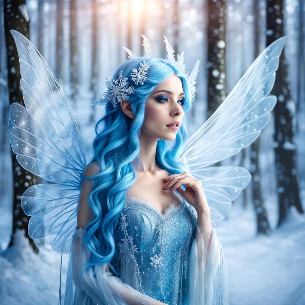 Blue Haired Snow Fairy in Snowy Forest
