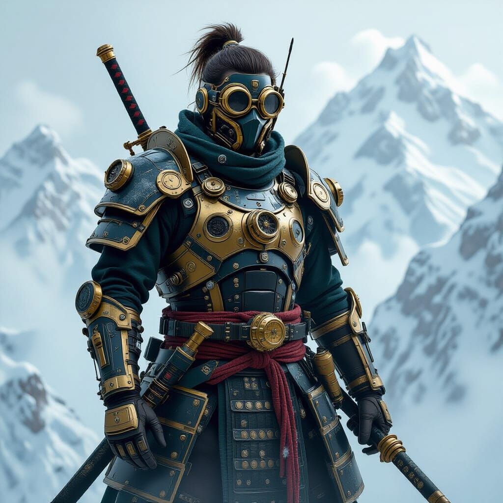 Steampunk Samurai on Ice Mountain in Sci-Fi Style