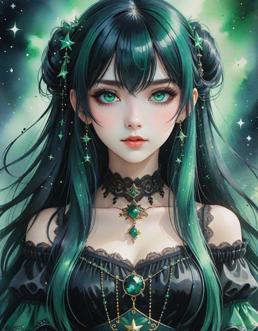 Emerald Gothic Princess in Vibrant Watercolor Style