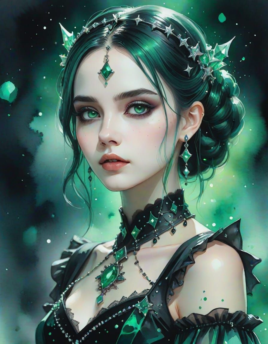 Gothic Emerald Swan in Vibrant Watercolor Style