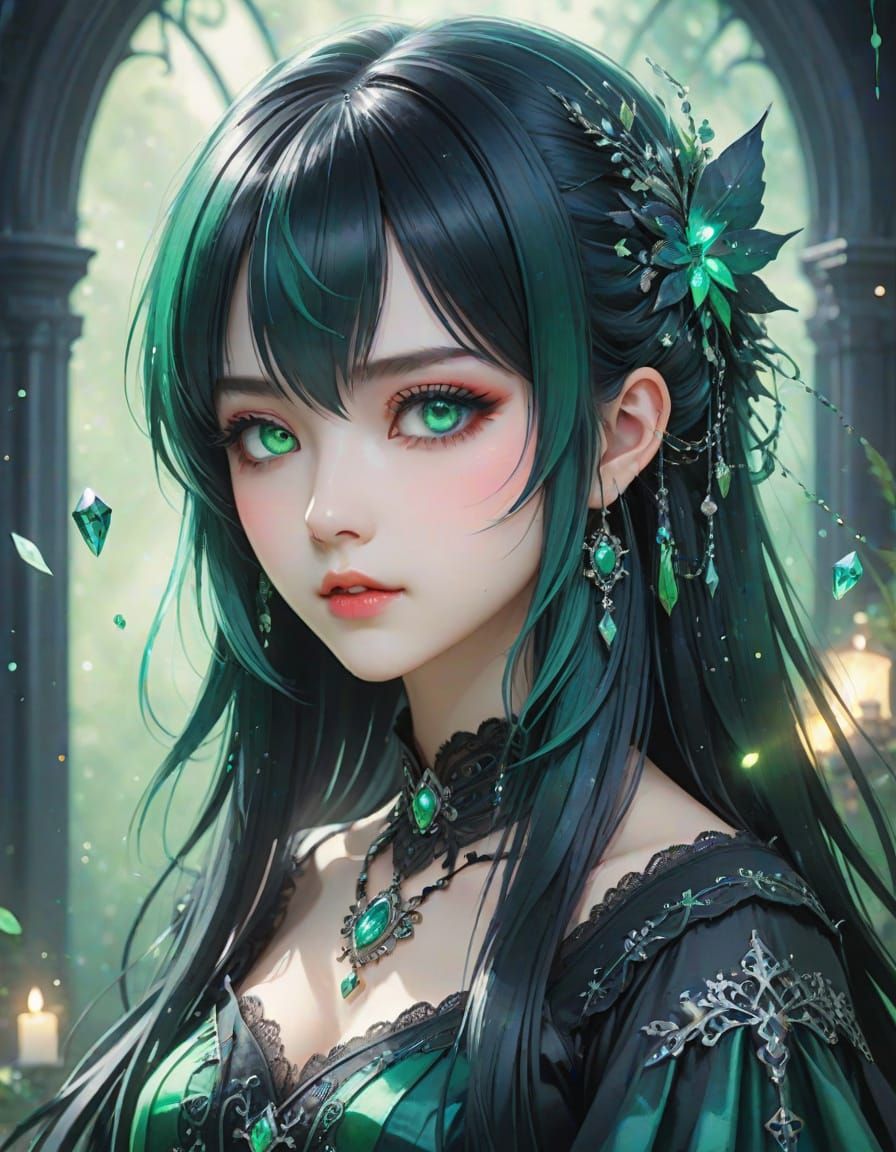 Ethereal Emerald Gothic Lolita Princess in Watercolor Splash...