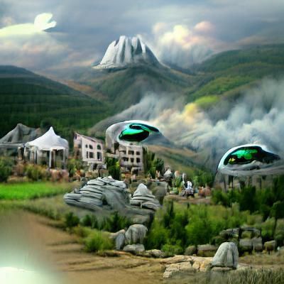 Futuristic Mountain Village with UFOs
