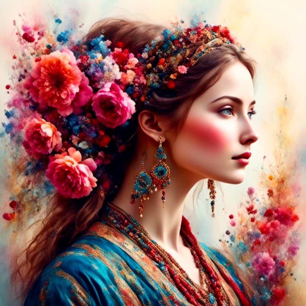 Ukrainian Woman in Botanical Garden, Gouache Style