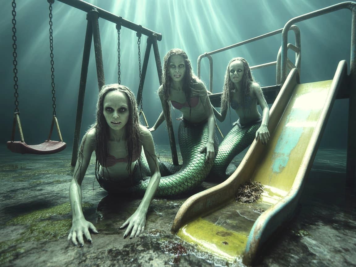 Eerie Underwater Playground with Menacing Mermaids