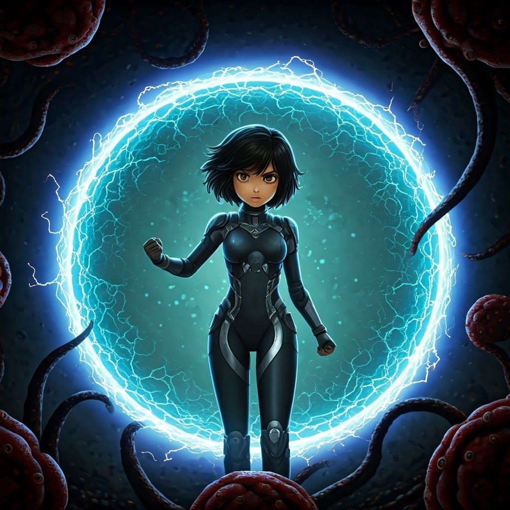 Cyberpunk Heroine Defends Against Digital Invasion