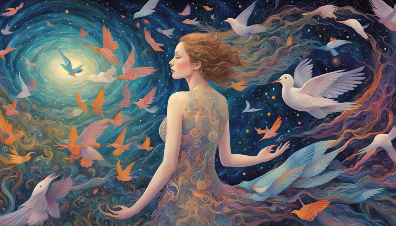 Ethereal Woman Transforms into Birds Amidst Cosmic Energy