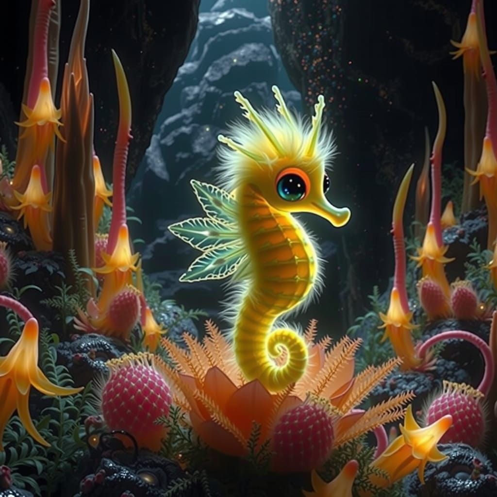 Rainbow Seahorse with Wings in Crystal Cave