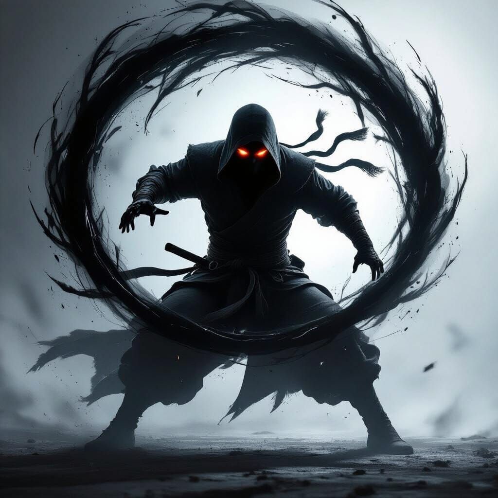 Shadow Ninja Mid-Strike with Glowing Eyes in Dramatic Light