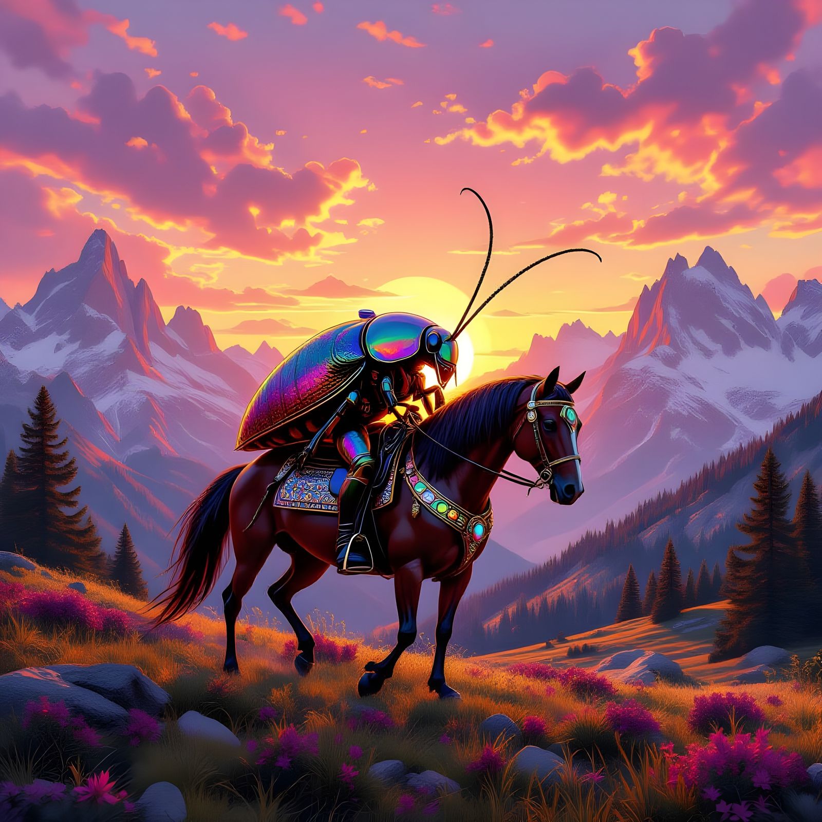 Maximalist Cockroach Rides Horse in Splendid Sierra Scenery