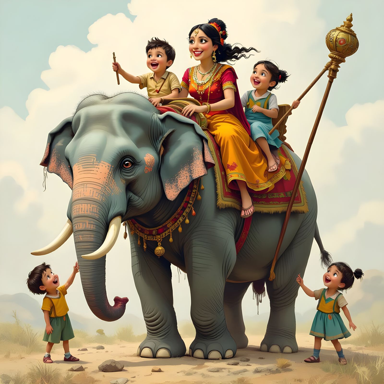Elephant Family with Human Rider: A Tired Father