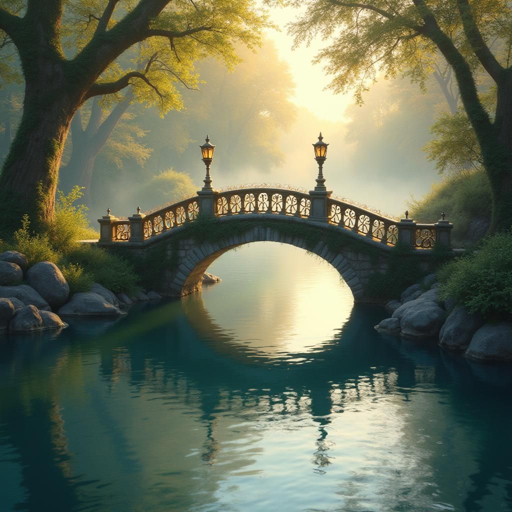 Dreamlike Bridge Descending into Serene Lake