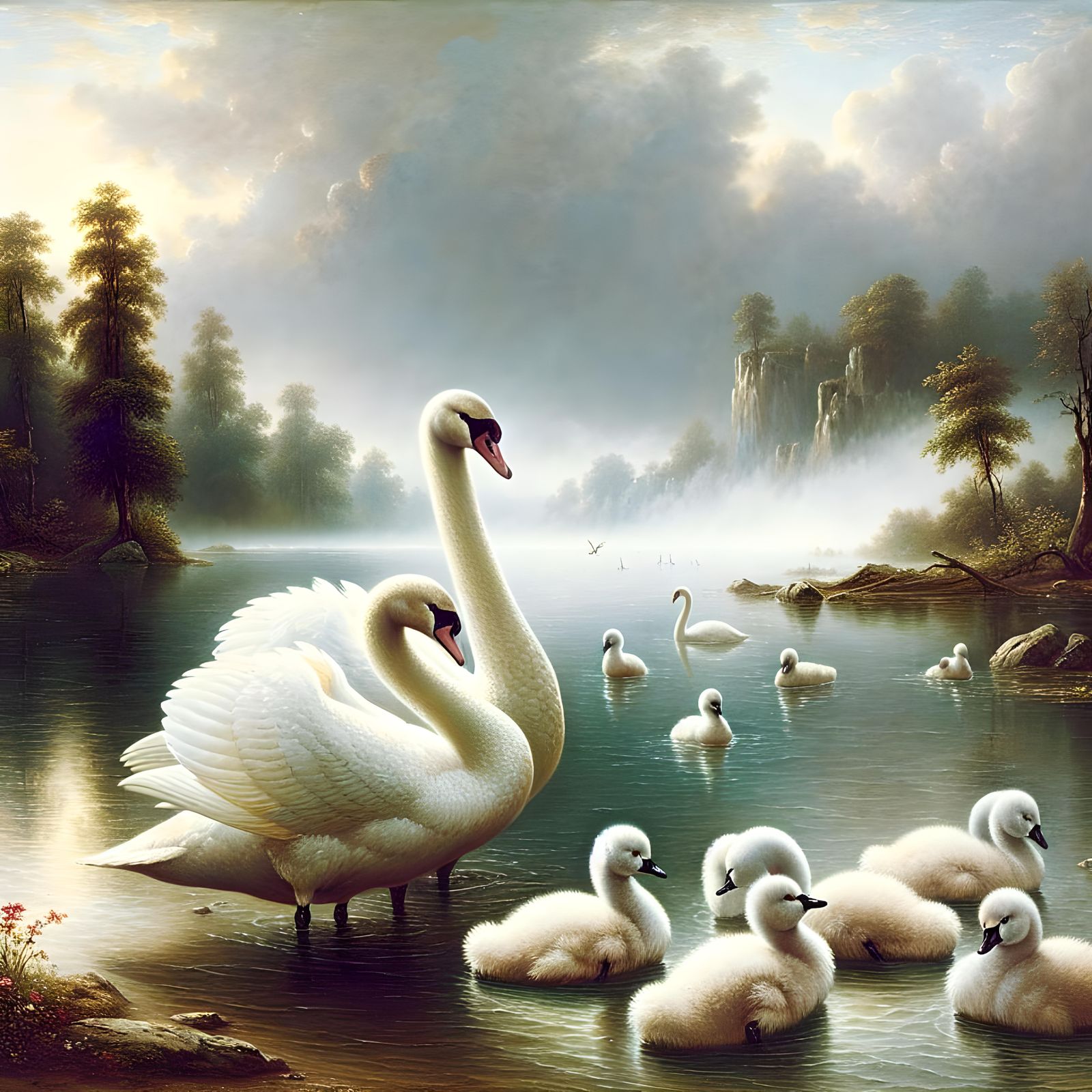 Majestic Swans and Cygnets in Dreamlike River Scene