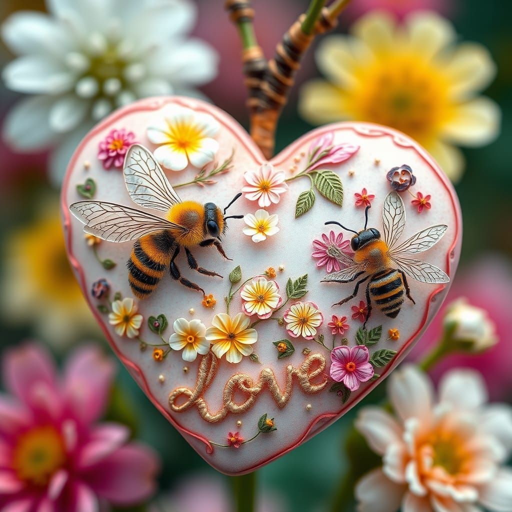 Whimsical Floral Heart Bees in Vibrant Dreamlike Bloom