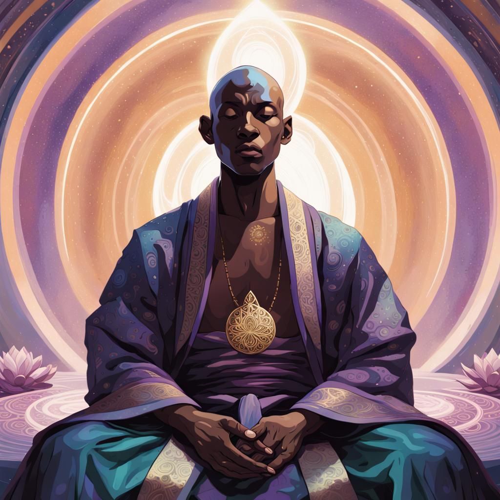 a cosmic cyberpunk style monk with dark bronze skin, a bald head, sitting lotus fashion surrounded by positive cosmic in...