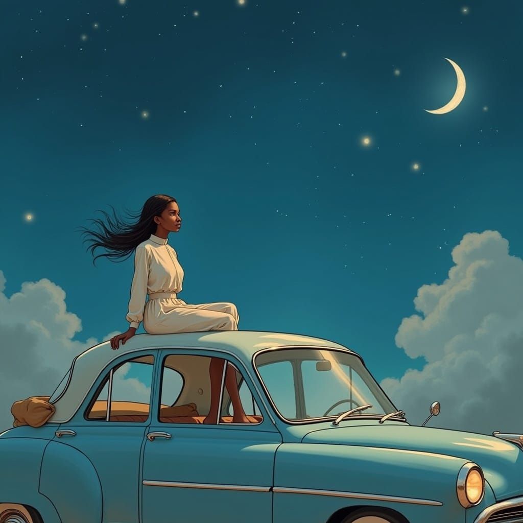 Ethereal Girl on Vintage Car Under Crescent Moon