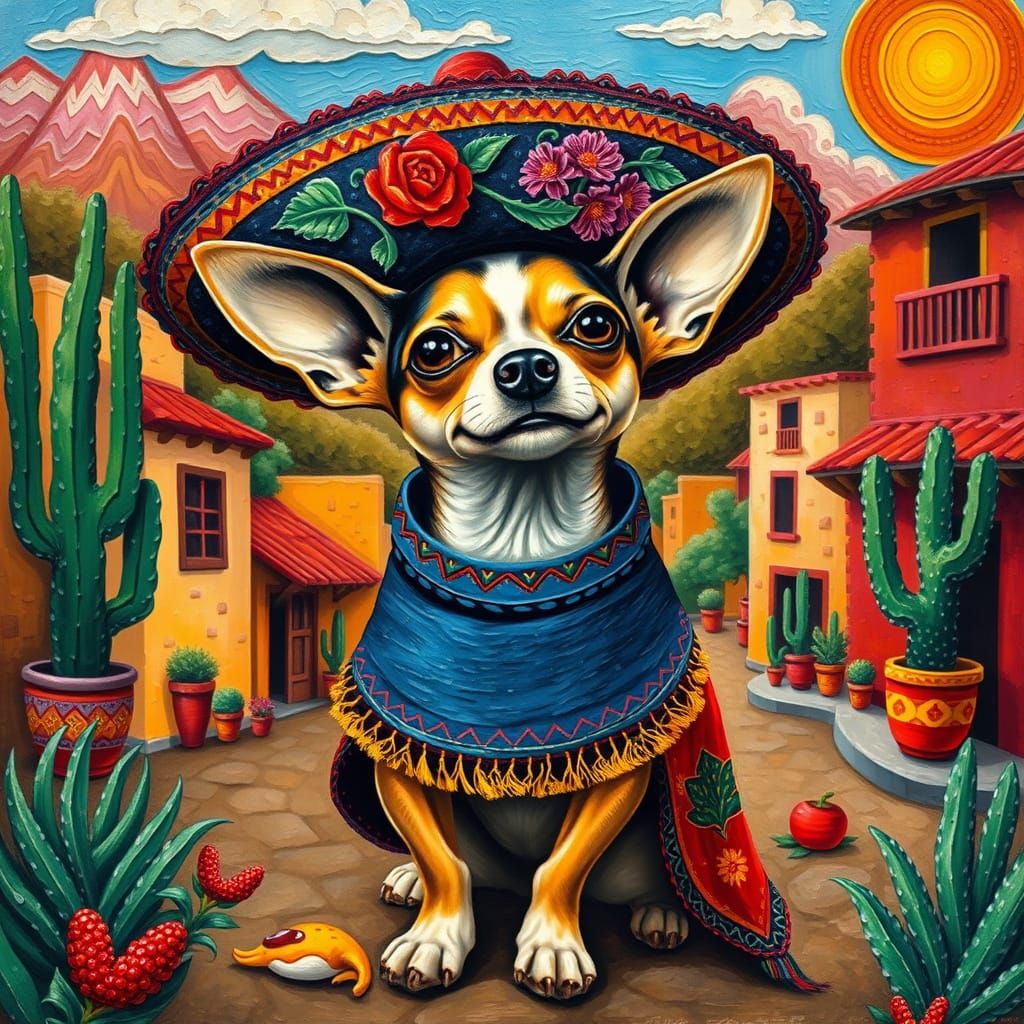 Chihuahua in Sombrero: A Latin American Art Inspired Scene