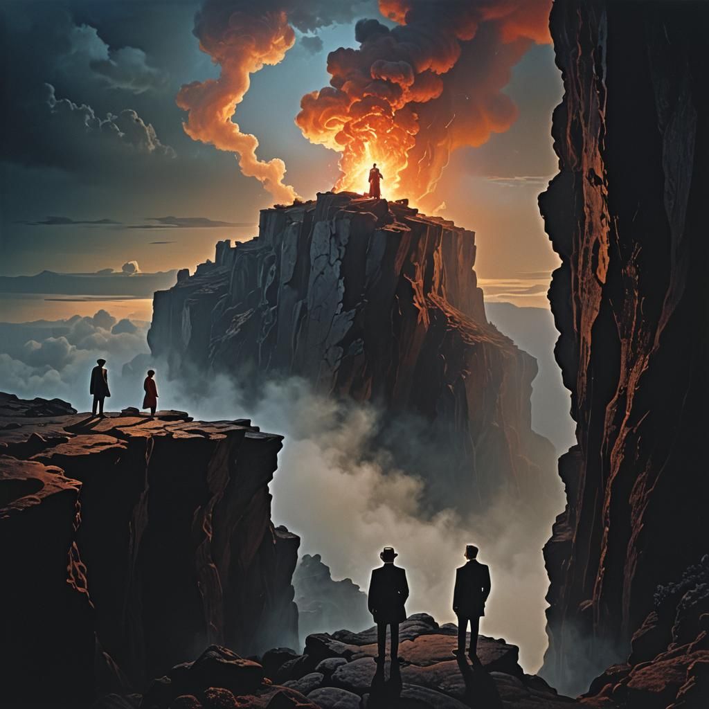 Surreal Figure Gazing at Glowing Portal