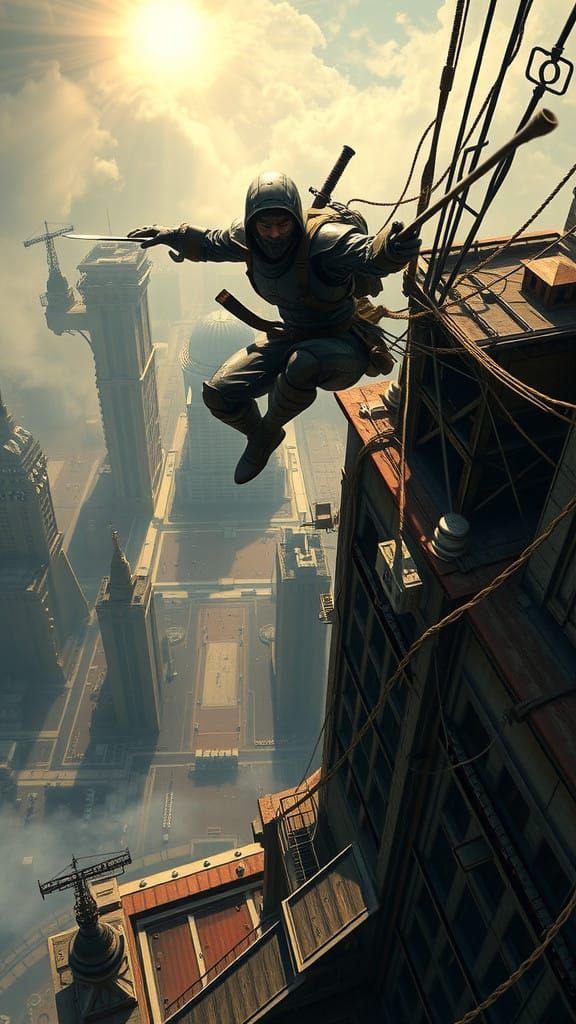 Cyborg Ninja Leaps Through Futuristic Skies