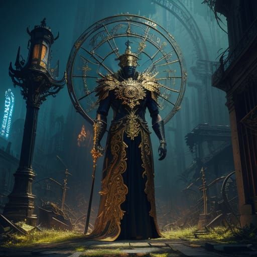 Clockwork God of Winds in Overgrown City Concept Art