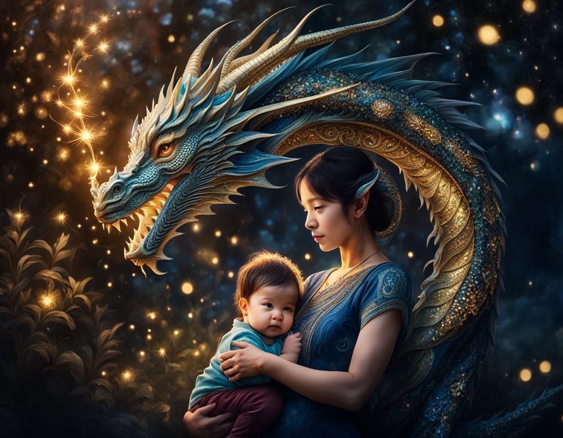 Intricate Dragon and Child in Watercolor Style