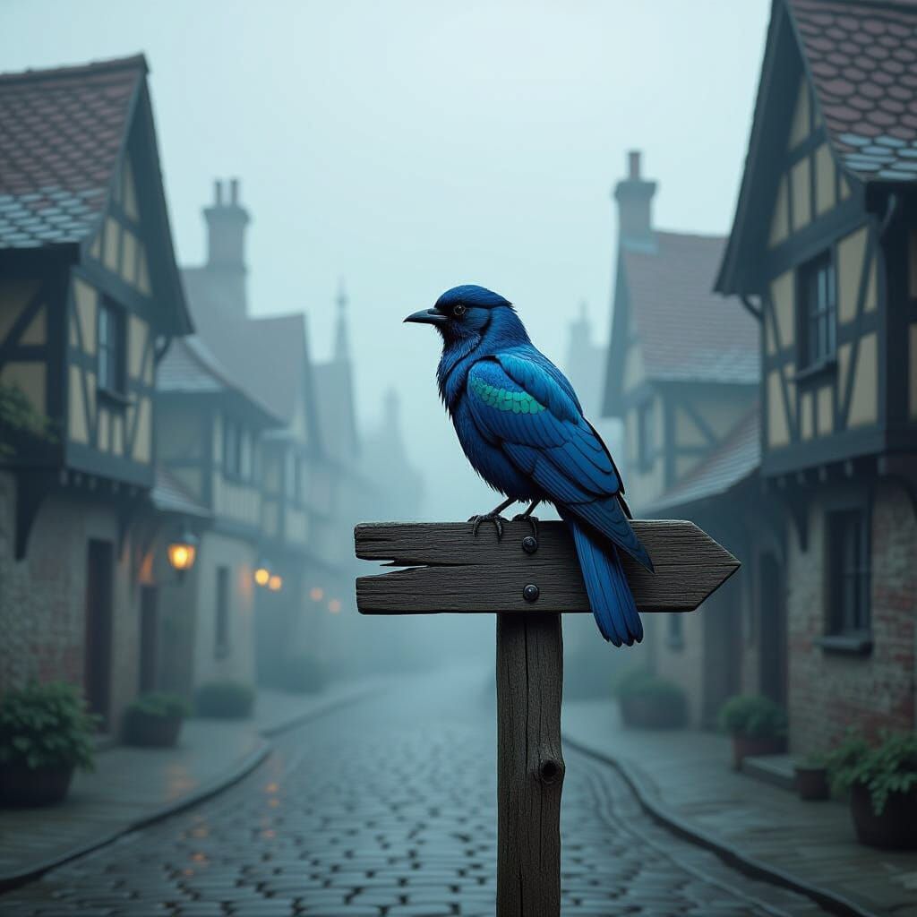 Exotic Bird in Misty Village Square