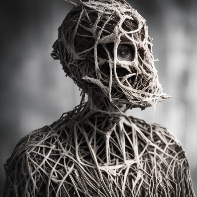 Creepy Skeletal Woman in Web at Night