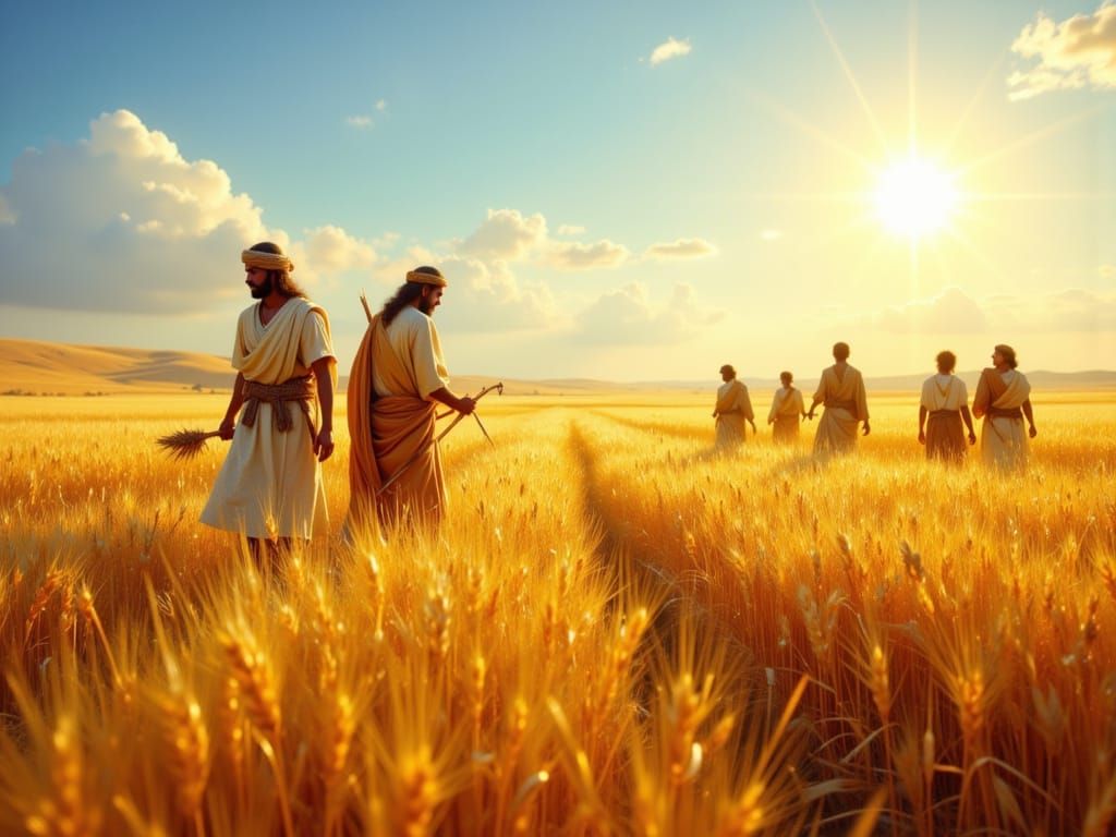 Ancient Israelites Harvesting Wheat in Golden Hour Light
