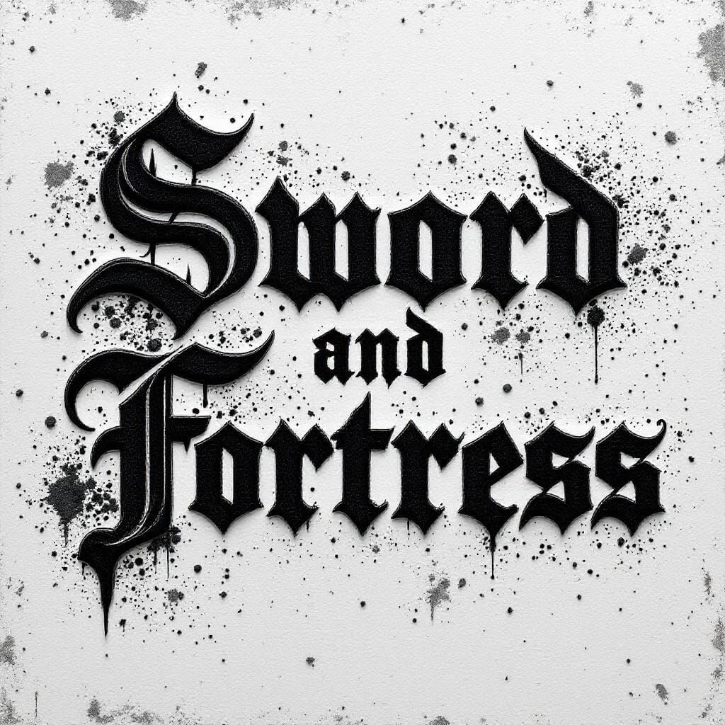 Embossed Black and White Label: Sword and Fortress