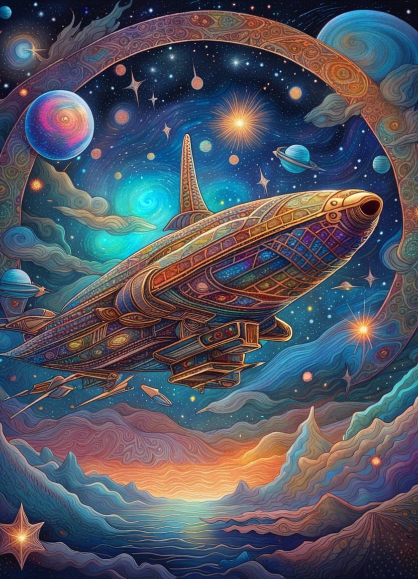 Starship Flies Through Starry Sky: Cosmic Illustration