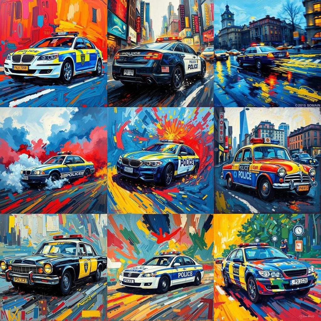 Neo-Expressionist Police Car in Vibrant Oil Painting