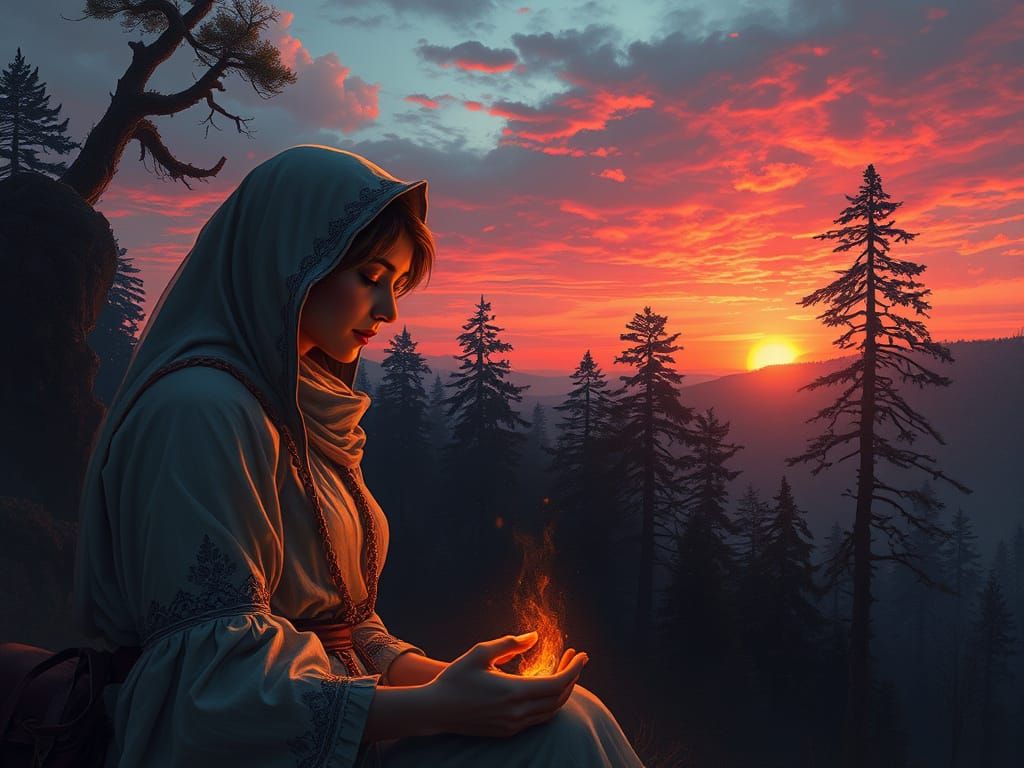 Ethereal Caregiver Amidst Rosy Sunset in Painterly Fantasy L...