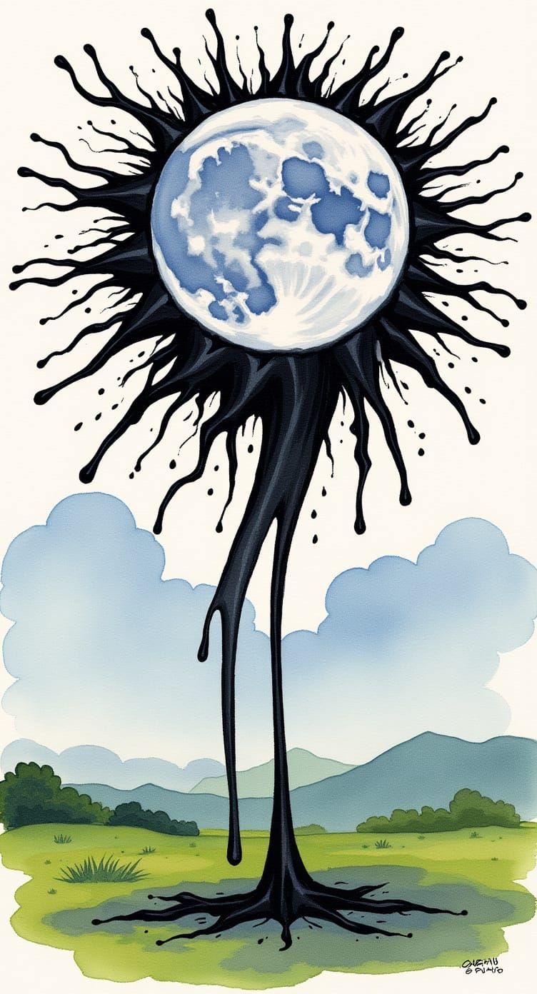Moon Drips Black Ink Over Landscape in Watercolor Art