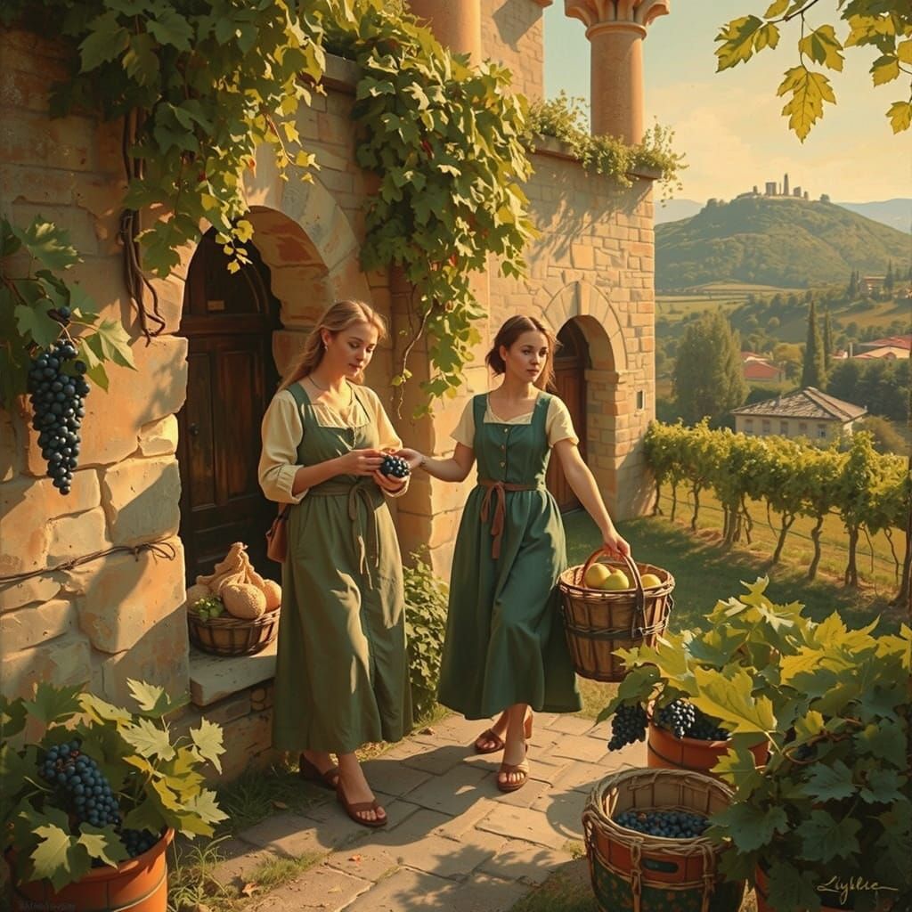 Women in Medieval Italian Vineyards under Golden Light