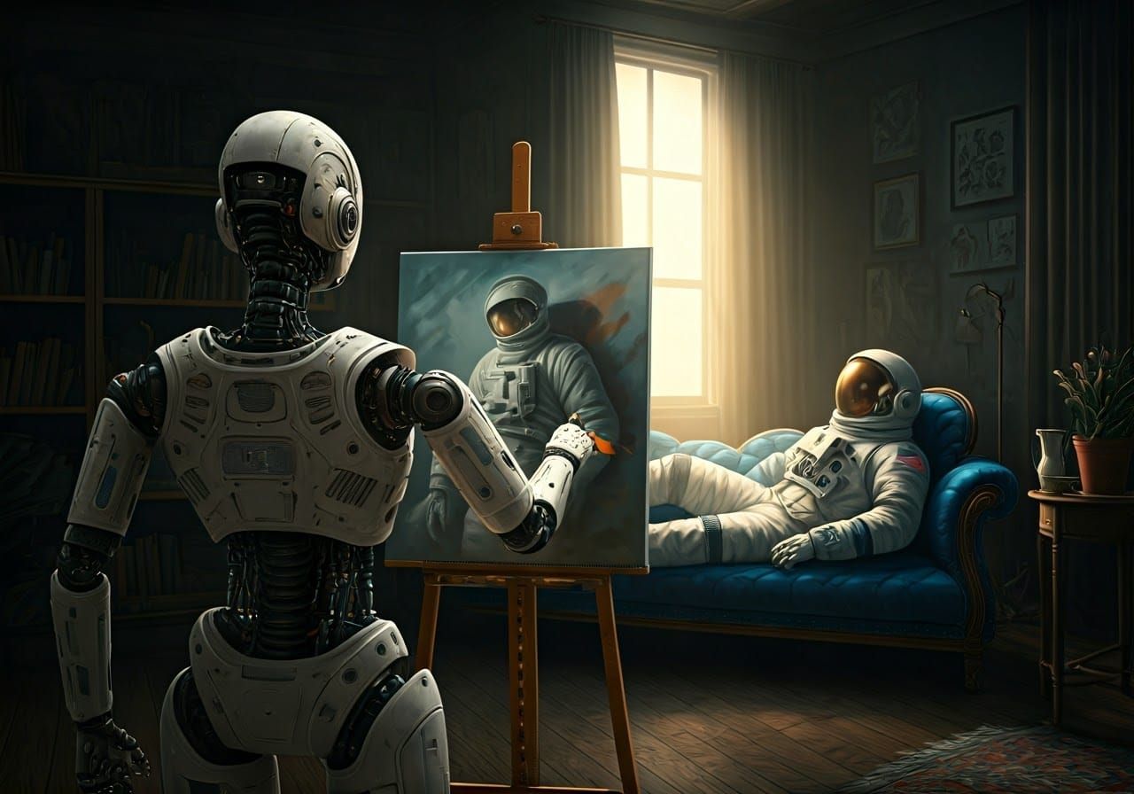 Robot Artist Paints Astronaut Portrait in Chiaroscuro Studio