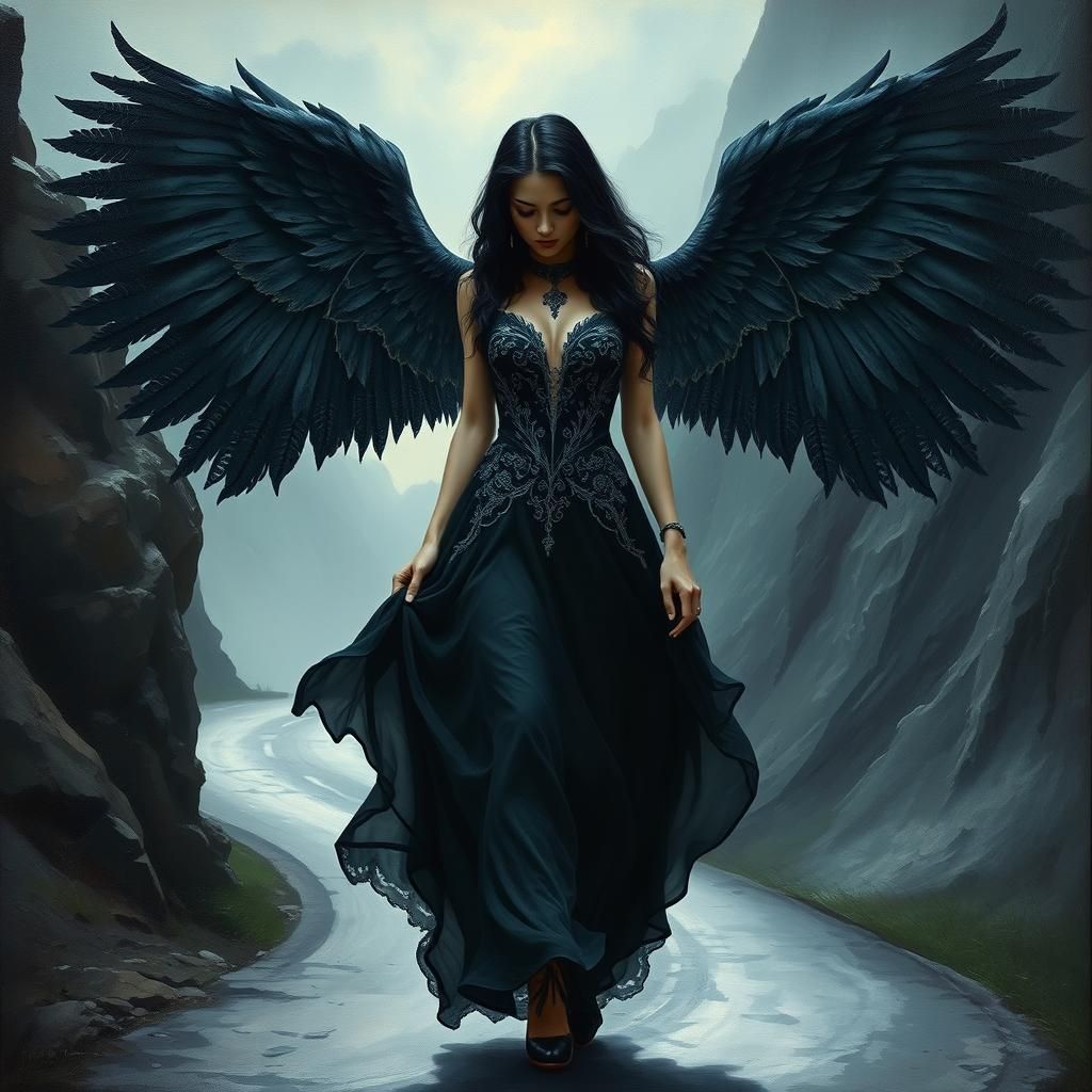Gothic Angel Walking on Mountain Road